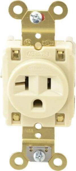 Hubbell Wiring Device-Kellems - 125 VAC, 20 Amp, 5-20R NEMA Configuration, Ivory, Specification Grade, Self Grounding Single Receptacle - 1 Phase, 2 Poles, 3 Wire, Flush Mount, Corrosion, Heat and Impact Resistant - Exact Tool & Supply