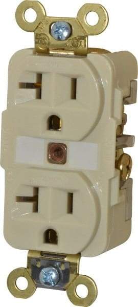 Hubbell Wiring Device-Kellems - 125 VAC, 20 Amp, 5-20R NEMA Configuration, Ivory, Specification Grade, Self Grounding Duplex Receptacle - 1 Phase, 2 Poles, 3 Wire, Flush Mount, Corrosion, Heat and Impact Resistant - Exact Tool & Supply
