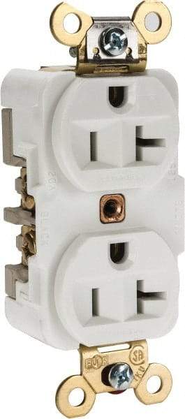 Hubbell Wiring Device-Kellems - 125 VAC, 20 Amp, 5-20R NEMA Configuration, White, Specification Grade, Self Grounding Duplex Receptacle - 1 Phase, 2 Poles, 3 Wire, Flush Mount, Corrosion, Heat and Impact Resistant - Exact Tool & Supply