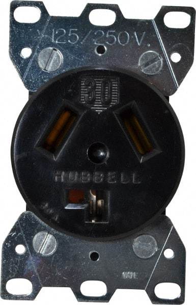 Hubbell Wiring Device-Kellems - 125/250 VAC, 30 Amp, 10-30R NEMA Configuration, Black/White, Industrial Grade, Self Grounding Single Receptacle - 1 Phase, 3 Poles, 3 Wire, Flush Mount - Exact Tool & Supply
