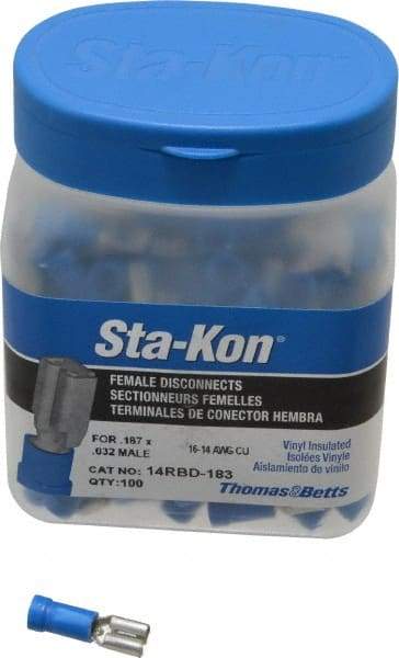 Thomas & Betts - 16 to 14 AWG, Vinyl, Fully Insulated, Female Wire Disconnect - 3/16 Inch Wide Tab, Blue, CSA Certified, RoHS Compliant, UL 94 V-0, UL File E66716, UL Listed - Exact Tool & Supply