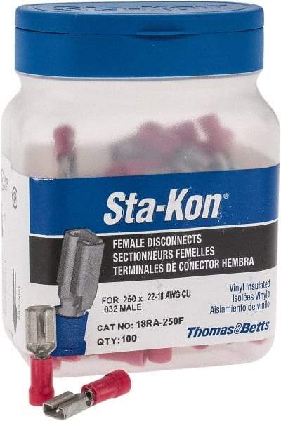 Thomas & Betts - 22 to 18 AWG, Vinyl, Fully Insulated, Female Wire Disconnect - 1/4 Inch Wide Tab, Red, CSA Certified, RoHS Compliant, UL 94 V-0, UL File E66716, UL Listed - Exact Tool & Supply