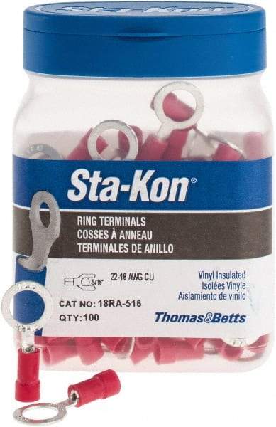 Thomas & Betts - 22-16 AWG Partially Insulated Crimp Connection D Shaped Ring Terminal - 5/16" Stud, 1.13" OAL x 1/2" Wide, Tin Plated Copper Contact - Exact Tool & Supply