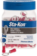 Thomas & Betts - 22-16 AWG Partially Insulated Crimp Connection D Shaped Ring Terminal - 5/16" Stud, 1.13" OAL x 1/2" Wide, Tin Plated Copper Contact - Exact Tool & Supply