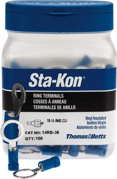 Thomas & Betts - 18-14 AWG Partially Insulated Crimp Connection D Shaped Ring Terminal - 3/8" Stud, 1.16" OAL x 0.54" Wide, Tin Plated Copper Contact - Exact Tool & Supply