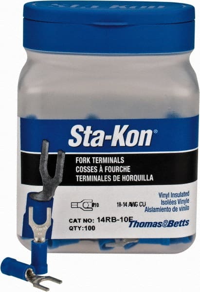 Thomas & Betts - #10 Stud, 18 to 14 AWG Compatible, Partially Insulated, Crimp Connection, Standard Fork Terminal - Exact Tool & Supply
