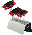 8 Piece - 2.0 - 10mm - Hard Chrome Finish - Metal Stand - T-Handle Soft Grip Dual Drive Ball End Hex Set - Exact Tool & Supply