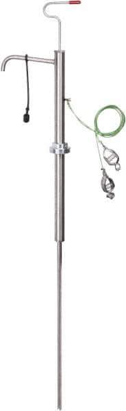 PRO-LUBE - 18 Strokes per Gal, 1/2" Outlet, Stainless Steel Hand Operated Drum/Pail Pump - 7 oz per Stroke, 25" OAL, For 2" Bung Drums, For Acetone, Adblue, Benzene, DEF, Diesel, Kerosene, Lacquer, Naphtha, Thinners, Urea & Gasoline - Exact Tool & Supply