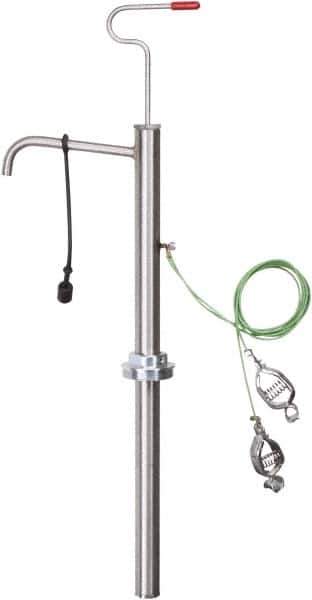PRO-LUBE - 18 Strokes per Gal, 1/2" Outlet, Stainless Steel Hand Operated Drum/Pail Pump - 7 oz per Stroke, 25" OAL, For 2" Bung Drums, For Acetone, Adblue, Benzene, DEF, Diesel, Kerosene, Lacquer, Naphtha, Thinners, Urea & Gasoline - Exact Tool & Supply