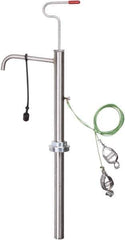 PRO-LUBE - 18 Strokes per Gal, 1/2" Outlet, Stainless Steel Hand Operated Drum/Pail Pump - 7 oz per Stroke, 25" OAL, For 2" Bung Drums, For Acetone, Adblue, Benzene, DEF, Diesel, Kerosene, Lacquer, Naphtha, Thinners, Urea & Gasoline - Exact Tool & Supply