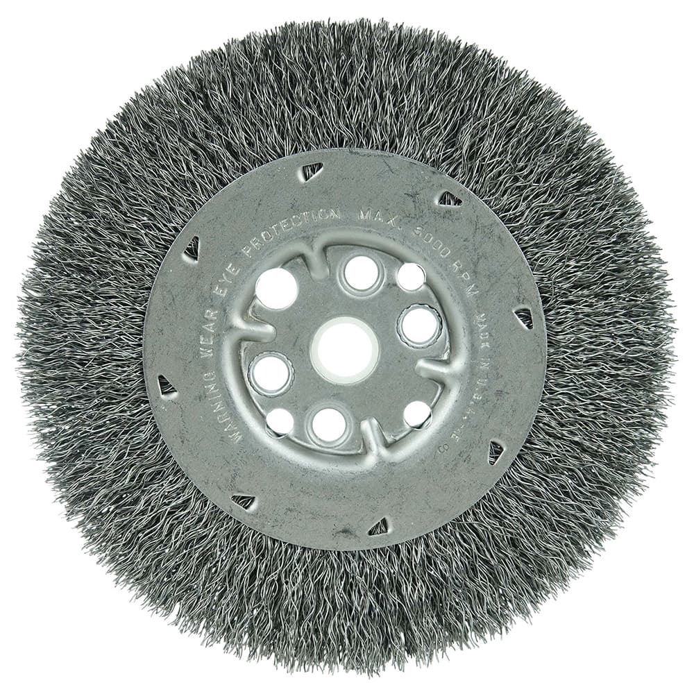 Weiler - Wheel Brushes; Outside Diameter (Inch): 6 ; Arbor Hole Thread Size: 5/8 ; Wire Type: Crimped Wire ; Fill Material: Steel ; Face Width (Inch): 3/4 ; Trim Length (Inch): 1-1/8 - Exact Tool & Supply