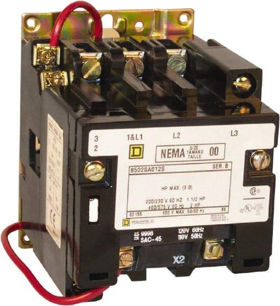 Square D - 3 Pole, 550 Coil VAC at 50 Hz and 600 Coil VAC at 60 Hz, 9 Amp NEMA Contactor - Open Enclosure, 50 Hz at 550 Hz VAC and 60 Hz at 600 VAC - Exact Tool & Supply