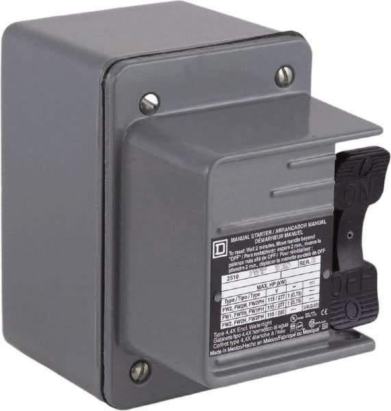 Square D - 2 Poles, 16 Amp, NEMA, Enclosed Toggle Manual Motor Starter - 1 hp at 115 VAC, 1 hp at 230 VAC, 1 hp at 277 VAC, 3/4 hp at 115 VDC & 3/4 hp at 230 VDC, CE, CSA, NEMA 4 & UL Listed - Exact Tool & Supply