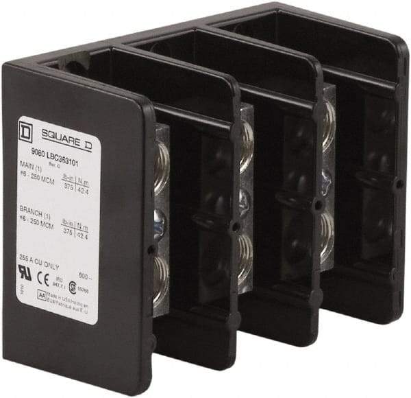Square D - 3 Poles, 255 (Copper) Amp, Phenolic Power Distribution Block - 600 VAC, 1 Primary Connection - Exact Tool & Supply