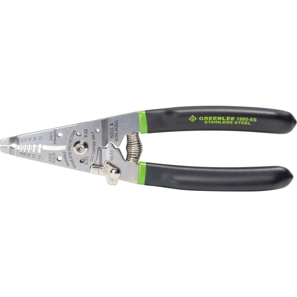 Greenlee - Wire & Cable Strippers; Type: Manual Fixed Hole Stripper/Cutter/Crimper w/ Spring and Lock ; Maximum Capacity: 18 AWG Solid, 20 AWG Stranded ; Minimum Wire Gage: 10 AWG ; Overall Length (Inch): 7-1/2 ; Wire Type: Solid & Stranded ; Handle Mate - Exact Tool & Supply