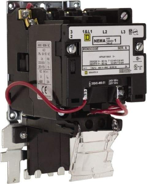 Square D - 600 Coil VAC, 27 Amp, NEMA Size 1, Open Enclosure NEMA Motor Starter - 1 Phase hp: 7 1/2 at 200 Volt, 7 1/2 at 230 Volt, 3 Phase hp: 10 at 460 Volt, 10 at 575 Volt - Exact Tool & Supply
