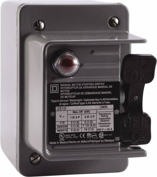 Square D - 3 Poles, 30 Amp, NEMA, Enclosed Toggle Manual Motor Starter - 1 hp at 90 VDC, 10 hp at 460 VAC, 10 hp at 575 VAC, 1-1/2 hp at 230 VDC, 2 hp at 115 VAC, 2 hp at 115 VDC & 7-1/2 hp at 230 VAC, CE, CSA, NEMA 4 & UL Listed - Exact Tool & Supply