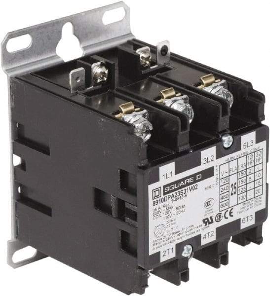 Square D - 3 Pole, 25 Amp Inductive Load, Definite Purpose Contactor - 35 Amp Resistive Rating - Exact Tool & Supply