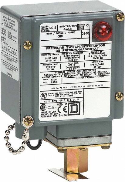 Square D - 4, 13 and 4X NEMA Rated, SPDT, 1.5 to 75 psi, Electromechanical Pressure and Level Switch - Fixed Pressure, 120 VAC at 6 Amp, 125 VDC at 0.22 Amp, 240 VAC at 3 Amp, 250 VDC at 0.27 Amp, 1/4 Inch Connector, Screw Terminal, For Use with 9012G - Exact Tool & Supply