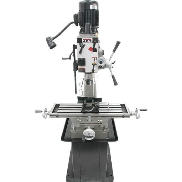 Jet - 1 Phase, 20-1/2" Swing, Geared Head Mill Drill Combination - 32-1/4" Table Length x 9-1/2" Table Width, 20-1/2" Longitudinal Travel, 8-1/4" Cross Travel, 6 Spindle Speeds, 1.5 hp, 115/230 Volts - Exact Tool & Supply