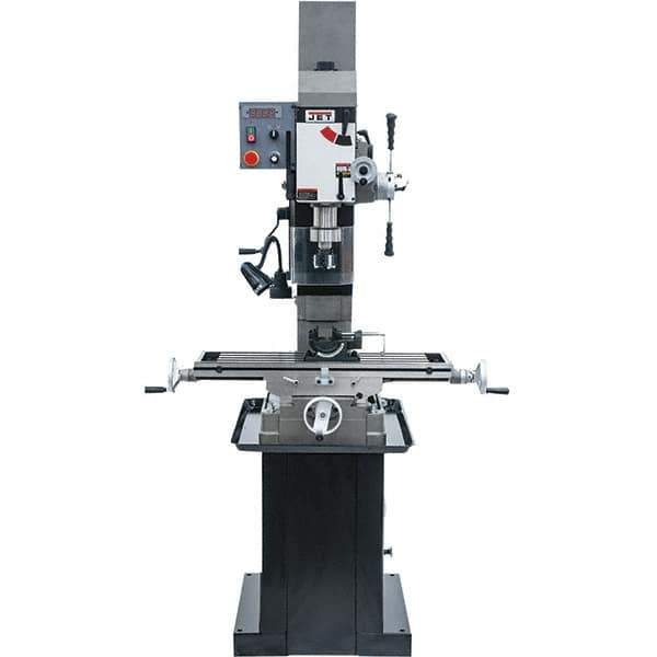 Jet - 3 Phase, 19-11/16" Swing, Geared Head Mill Drill Combination - 32-1/4" Table Length x 9-1/2" Table Width, 20-1/2" Longitudinal Travel, 8-1/4" Cross Travel, Variable Spindle Speeds, 1.5 hp, 230 Volts - Exact Tool & Supply