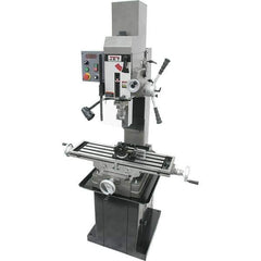 Jet - 3 Phase, 19-11/16" Swing, Geared Head Mill Drill Combination - 32-1/4" Table Length x 9-1/2" Table Width, 20-1/2" Longitudinal Travel, 8-1/4" Cross Travel, Variable Spindle Speeds, 1.5 hp, 230 Volts - Exact Tool & Supply