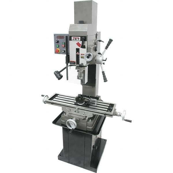 Jet - 3 Phase, 19-11/16" Swing, Geared Head Mill Drill Combination - 32-1/4" Table Length x 9-1/2" Table Width, 20-1/2" Longitudinal Travel, 8-1/4" Cross Travel, Variable Spindle Speeds, 1.5 hp, 230 Volts - Exact Tool & Supply