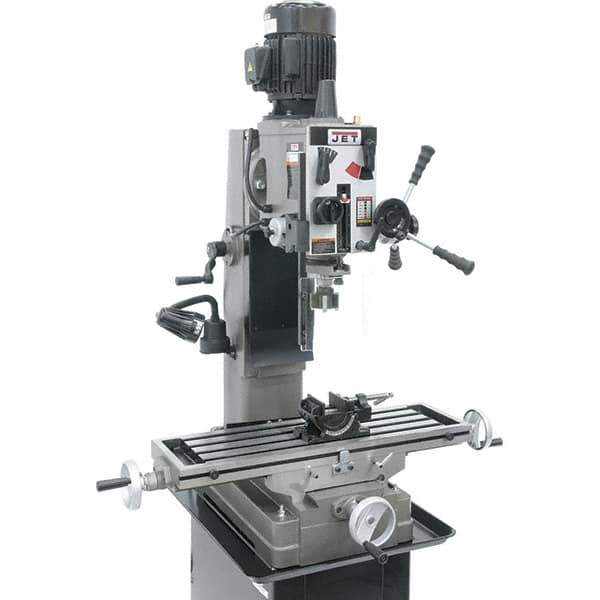 Jet - 3 Phase, 19-11/16" Swing, Geared Head Mill Drill Combination - 32-1/4" Table Length x 9-1/2" Table Width, 20-1/2" Longitudinal Travel, 8-1/4" Cross Travel, Variable Spindle Speeds, 1.5 hp, 230 Volts - Exact Tool & Supply