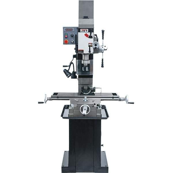Jet - 1 Phase, 19-11/16" Swing, Geared Head Mill Drill Combination - 32-1/4" Table Length x 9-1/2" Table Width, 20-1/2" Longitudinal Travel, 8-1/4" Cross Travel, Variable Spindle Speeds, 1.5 hp, 115/230 Volts - Exact Tool & Supply