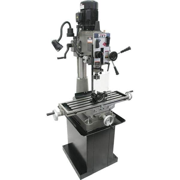 Jet - 1 Phase, 20-1/2" Swing, Geared Head Mill Drill Combination - 32-1/4" Table Length x 9-1/2" Table Width, 20-1/2" Longitudinal Travel, 8-1/4" Cross Travel, 6 Spindle Speeds, 1.5 hp, 115/230 Volts - Exact Tool & Supply