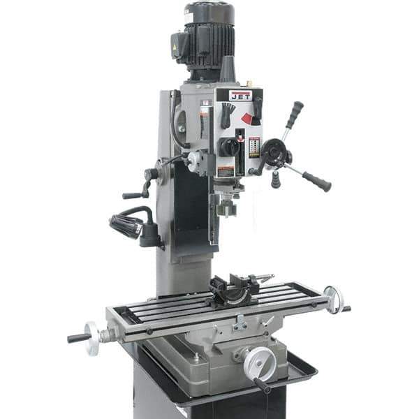 Jet - 3 Phase, 19-11/16" Swing, Geared Head Mill Drill Combination - 32-1/4" Table Length x 9-1/2" Table Width, 20-1/2" Longitudinal Travel, 8-1/4" Cross Travel, Variable Spindle Speeds, 1.5 hp, 230 Volts - Exact Tool & Supply