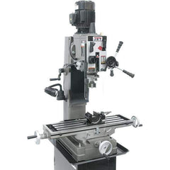 Jet - 3 Phase, 19-11/16" Swing, Geared Head Mill Drill Combination - 32-1/4" Table Length x 9-1/2" Table Width, 20-1/2" Longitudinal Travel, 8-1/4" Cross Travel, Variable Spindle Speeds, 1.5 hp, 230 Volts - Exact Tool & Supply