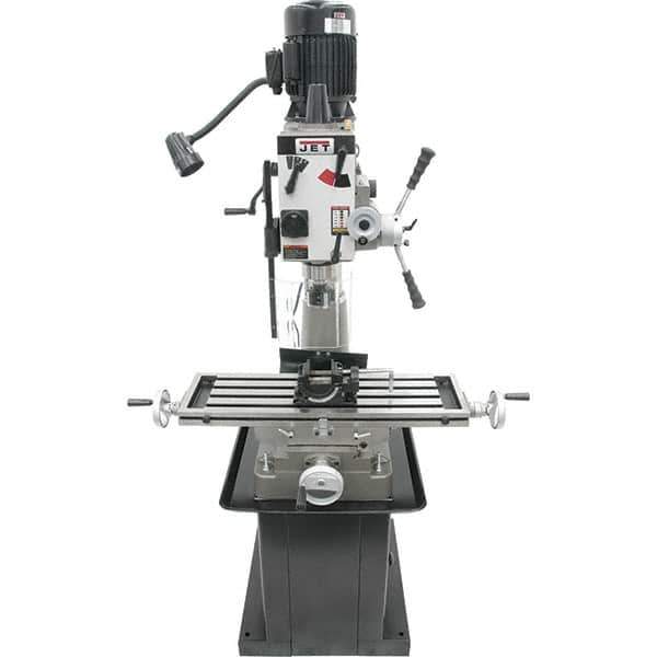 Jet - 1 Phase, 20-1/2" Swing, Geared Head Mill Drill Combination - 32-1/4" Table Length x 9-1/2" Table Width, 20-1/2" Longitudinal Travel, 8-1/4" Cross Travel, 6 Spindle Speeds, 1.5 hp, 115/230 Volts - Exact Tool & Supply