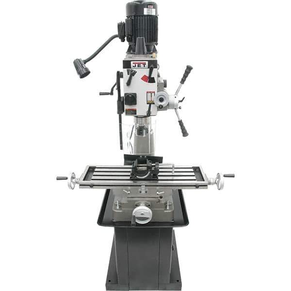 Jet - 1 Phase, 20-1/2" Swing, Geared Head Mill Drill Combination - 32-1/4" Table Length x 9-1/2" Table Width, 20-1/2" Longitudinal Travel, 8-1/4" Cross Travel, 6 Spindle Speeds, 1.5 hp, 115/230 Volts - Exact Tool & Supply