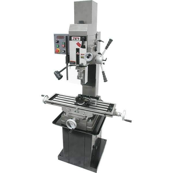 Jet - 3 Phase, 19-11/16" Swing, Geared Head Mill Drill Combination - 32-1/4" Table Length x 9-1/2" Table Width, 20-1/2" Longitudinal Travel, 8-1/4" Cross Travel, Variable Spindle Speeds, 1.5 hp, 230 Volts - Exact Tool & Supply