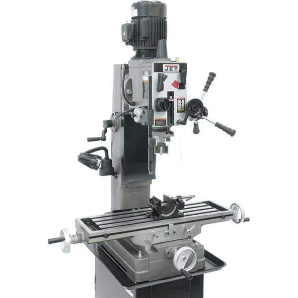 Jet - 1 Phase, 19-11/16" Swing, Geared Head Mill Drill Combination - 32-1/4" Table Length x 9-1/2" Table Width, 20-1/2" Longitudinal Travel, 8-1/4" Cross Travel, 6 Spindle Speeds, 1.5 hp, 115/230 Volts - Exact Tool & Supply