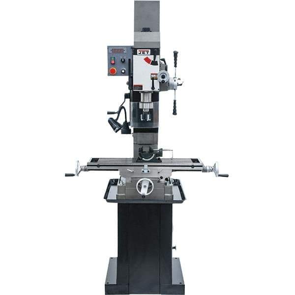 Jet - 3 Phase, 19-11/16" Swing, Geared Head Mill Drill Combination - 32-1/4" Table Length x 9-1/2" Table Width, 20-1/2" Longitudinal Travel, 8-1/4" Cross Travel, Variable Spindle Speeds, 1.5 hp, 230 Volts - Exact Tool & Supply