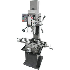 Jet - 3 Phase, 19-11/16" Swing, Geared Head Mill Drill Combination - 32-1/4" Table Length x 9-1/2" Table Width, 20-1/2" Longitudinal Travel, 8-1/4" Cross Travel, Variable Spindle Speeds, 1.5 hp, 230 Volts - Exact Tool & Supply