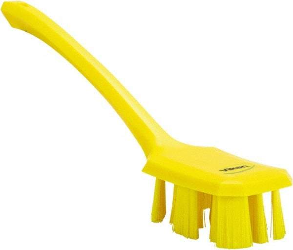 Vikan - 2-3/4" Bristle Length, Polyester Scrub Brush - 12" Long x 2-7/8" Wide Head, 15-1/2" OAL, Long Handle, Yellow, Polypropylene Block - Exact Tool & Supply
