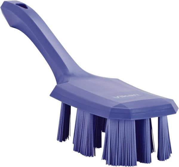 Vikan - 2-3/4" Bristle Length, Polyester Scrub Brush - 8" Long x 2-7/8" Wide Head, 10" OAL, Short Handle, Purple, Polypropylene Block - Exact Tool & Supply