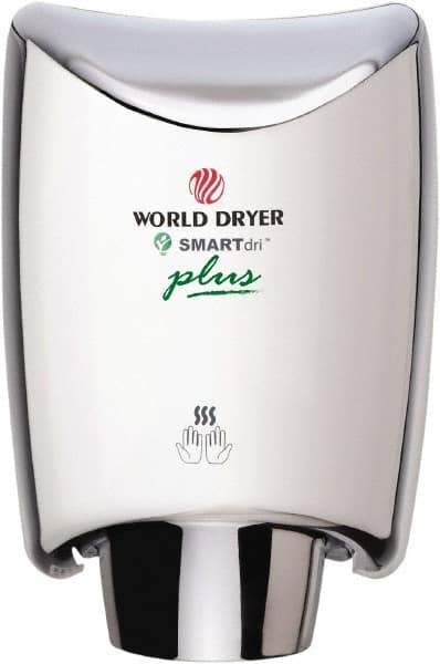 World Dryer - 1200 Watt Silver Finish Electric Hand Dryer - 100/120 Volts, 10 Amps, 9.3" Wide x 12-1/2" High x 7.6" Deep - Exact Tool & Supply