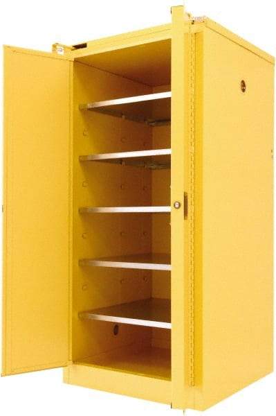 Securall Cabinets - 2 Door, 5 Shelf, Yellow Steel Standard Safety Cabinet for Flammable and Combustible Liquids - 67" High x 31" Wide x 31" Deep, Self Closing Door, 3 Point Key Lock, 120 Gal Capacity - Exact Tool & Supply