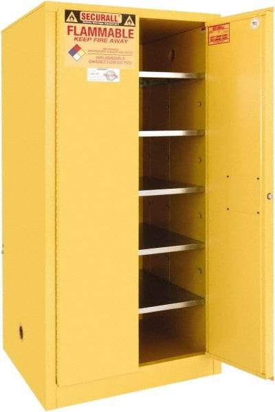 Securall Cabinets - 2 Door, 5 Shelf, Yellow Steel Standard Safety Cabinet for Flammable and Combustible Liquids - 65" High x 31" Wide x 31" Deep, Manual Closing Door, 3 Point Key Lock, 120 Gal Capacity - Exact Tool & Supply