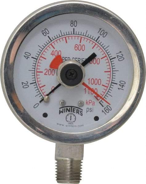 Winters - 2-1/2" Dial, 1/4 Thread, 0-160 Scale Range, Pressure Gauge - Lower Connection Mount, Accurate to 1% of Scale - Exact Tool & Supply