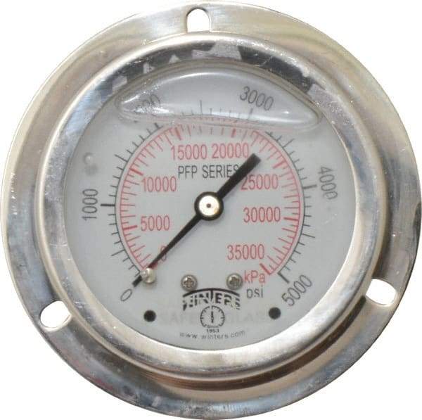 Winters - 2-1/2" Dial, 1/4 Thread, 0-5,000 Scale Range, Pressure Gauge - Front Flange Panel Mount, Center Back Connection Mount, Accurate to 1.6% of Scale - Exact Tool & Supply