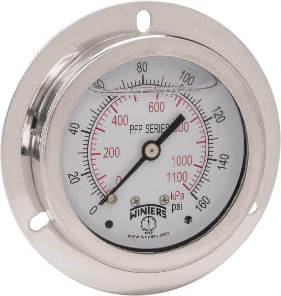 Winters - 2-1/2" Dial, 1/4 Thread, 0-160 Scale Range, Pressure Gauge - Front Flange Panel Mount, Center Back Connection Mount, Accurate to 1.6% of Scale - Exact Tool & Supply