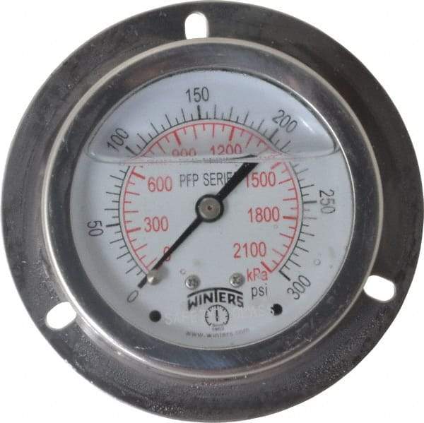 Winters - 2-1/2" Dial, 1/4 Thread, 0-300 Scale Range, Pressure Gauge - Front Flange Panel Mount, Center Back Connection Mount, Accurate to 1.6% of Scale - Exact Tool & Supply