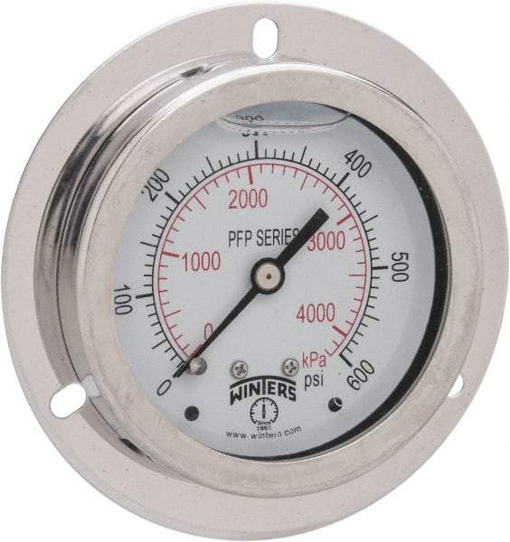 Winters - 2-1/2" Dial, 1/4 Thread, 0-600 Scale Range, Pressure Gauge - Front Flange Panel Mount, Center Back Connection Mount, Accurate to 1.6% of Scale - Exact Tool & Supply