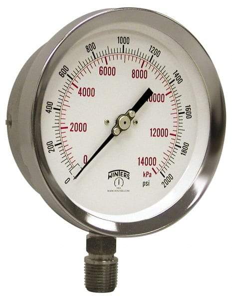 Winters - 4" Dial, 1/4 Thread, 0-400 Scale Range, Pressure Gauge - Lower Connection Mount, Accurate to 1% of Scale - Exact Tool & Supply