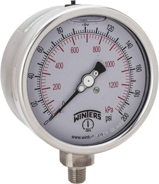 Winters - 4" Dial, 1/4 Thread, 0-200 Scale Range, Pressure Gauge - Lower Connection Mount, Accurate to 1% of Scale - Exact Tool & Supply